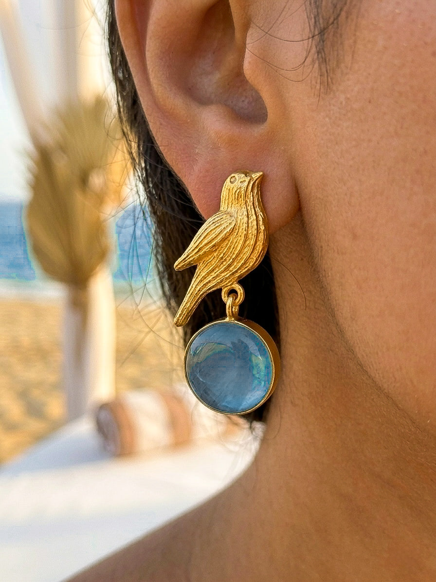 Hello Birdie Handmade Brass Earrings - Aqua Round