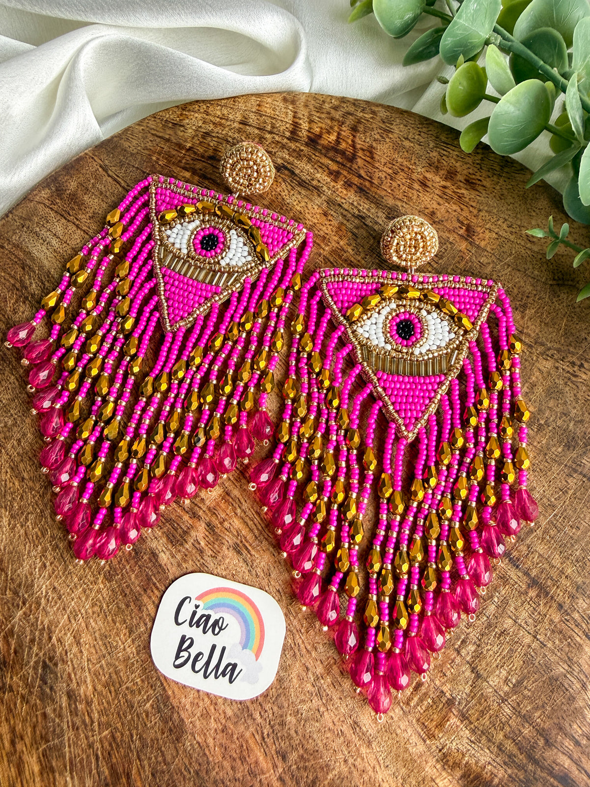 Luxe Evil Eye Hot Pink Handmade Beaded Tassel Earrings