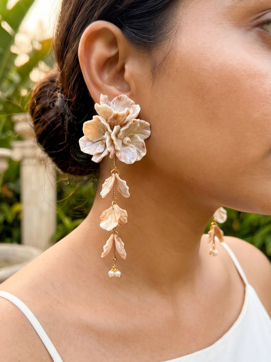 Aurelia Flower Earthy Beige Statement Handmade Beaded Earrings