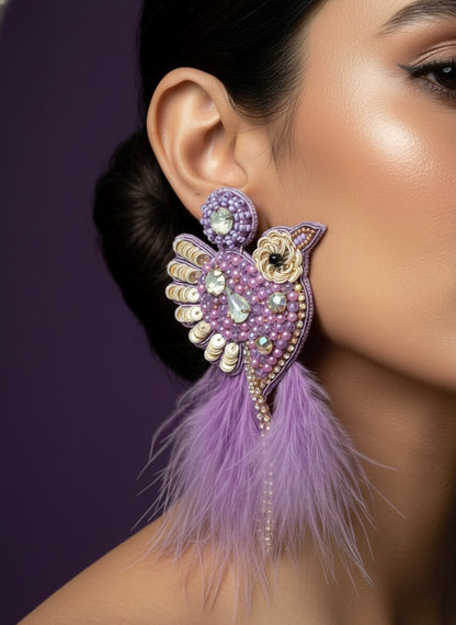 Glamorous Lilac Birdies Handmade Beaded Bird Earrings