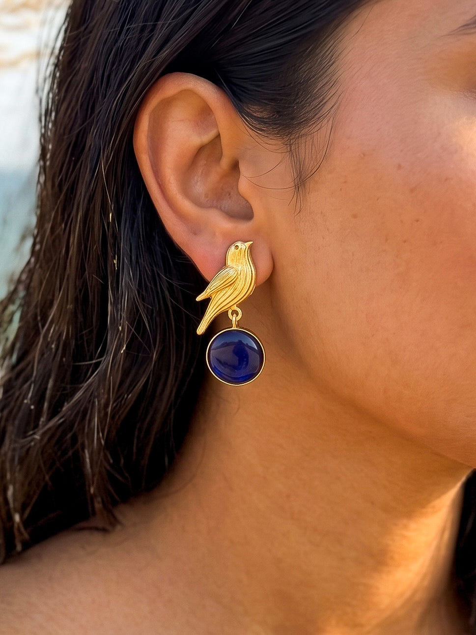Hello Birdie Handmade Brass Earrings - Blue Round