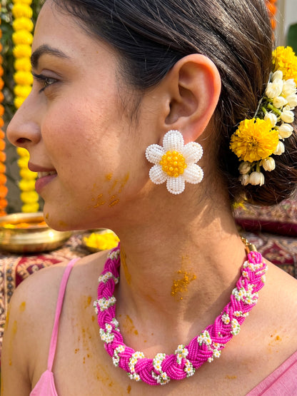 Luxe Flora Rose Pink Handmade Beaded Necklace + Earrings Set