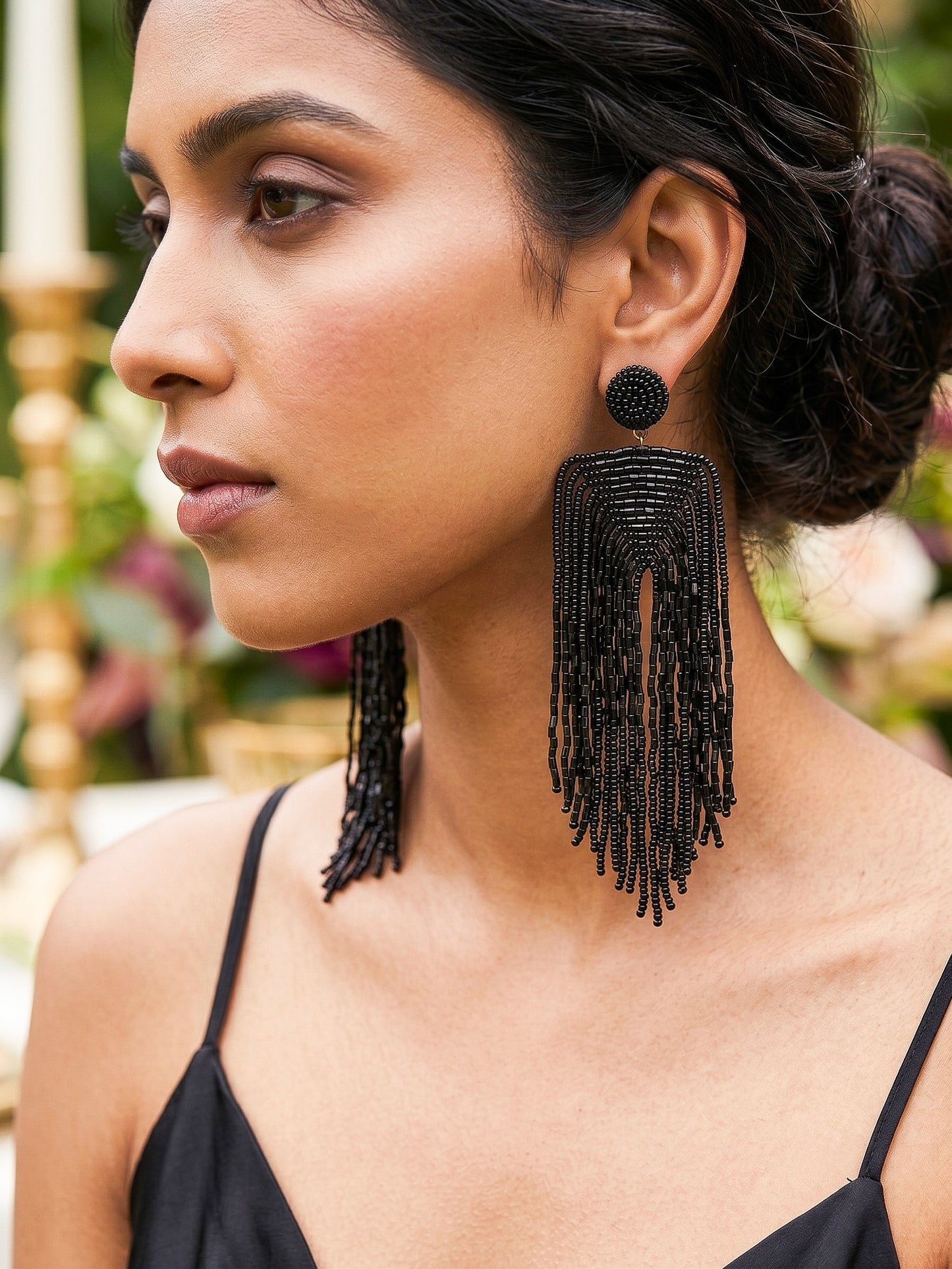 Luxe Midnight Black Handmade Beaded Tassel Earrings