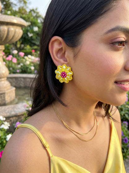 Sparkling Yellow Pink Flower Handmade Beaded Stud Earrings