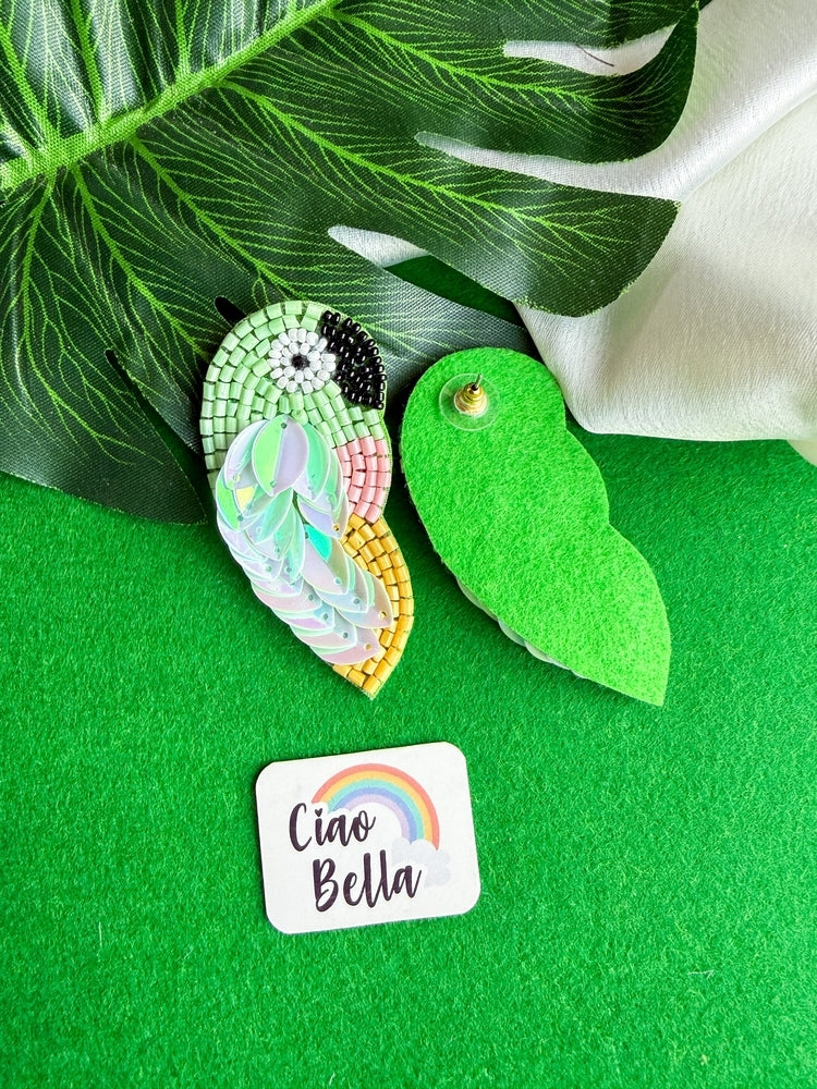 Green Parrot Handmade Beaded Bird Earrings