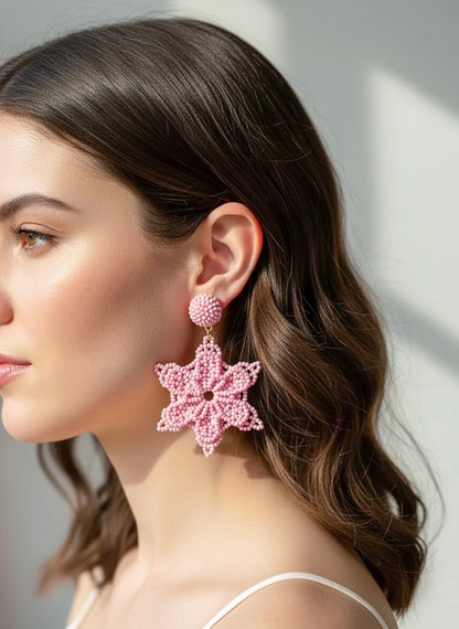 Blush Pink Delicate Snowflake Handmade Beaded Earrings