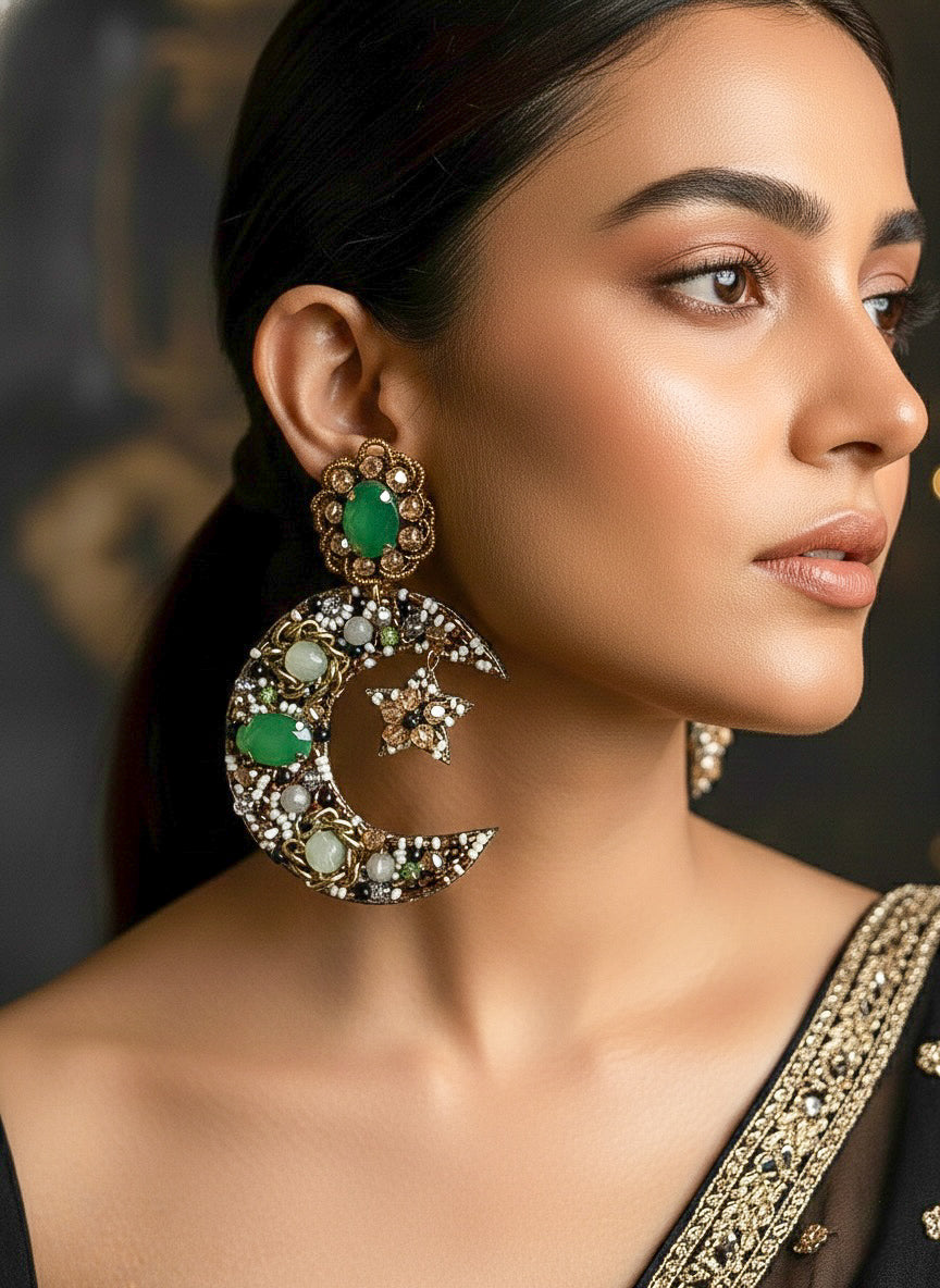Emerald Crescent Moon & Star Handmade Beaded Statement Earrings