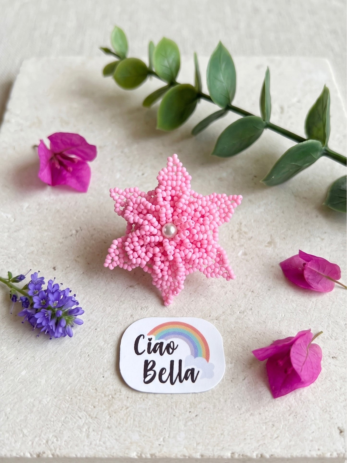 Blush Pink Delicate Snowflake 3D Crochet Handmade Beaded Ring