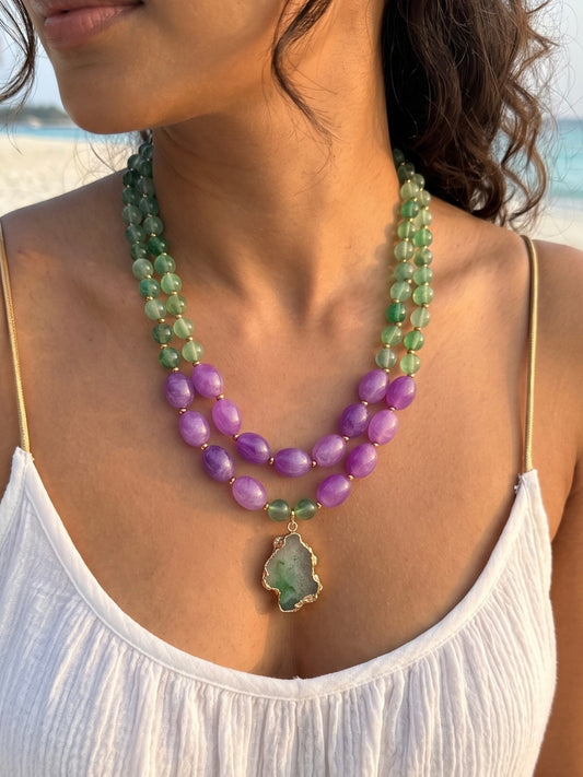 Green Purple Resin Layered Handmade Beaded Necklace