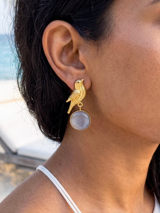 Hello Birdie Handmade Brass Earrings - Grey Round