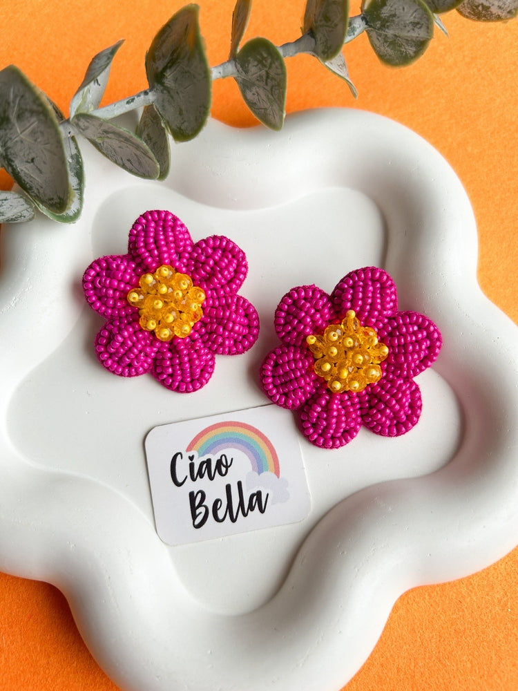 Pink Daisy Stud Handmade Beaded Flower Earrings