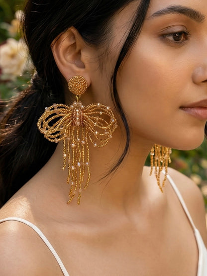 Pookie Bow (Gold) Handmade Beaded Earrings