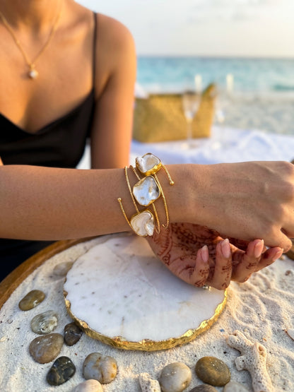 Golden Tide Mother of Pearl Handmade Brass Cuff Bracelet