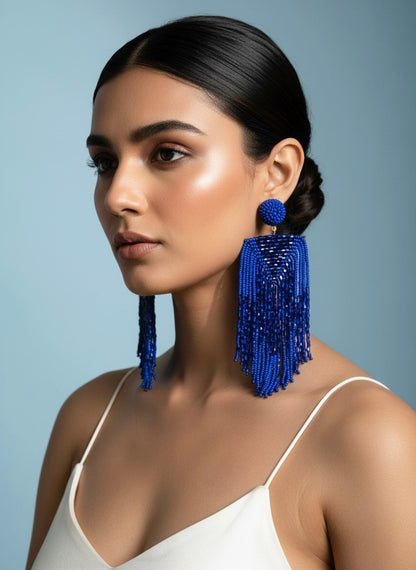 Luxe Midnight Blue Handmade Beaded Tassel Earrings