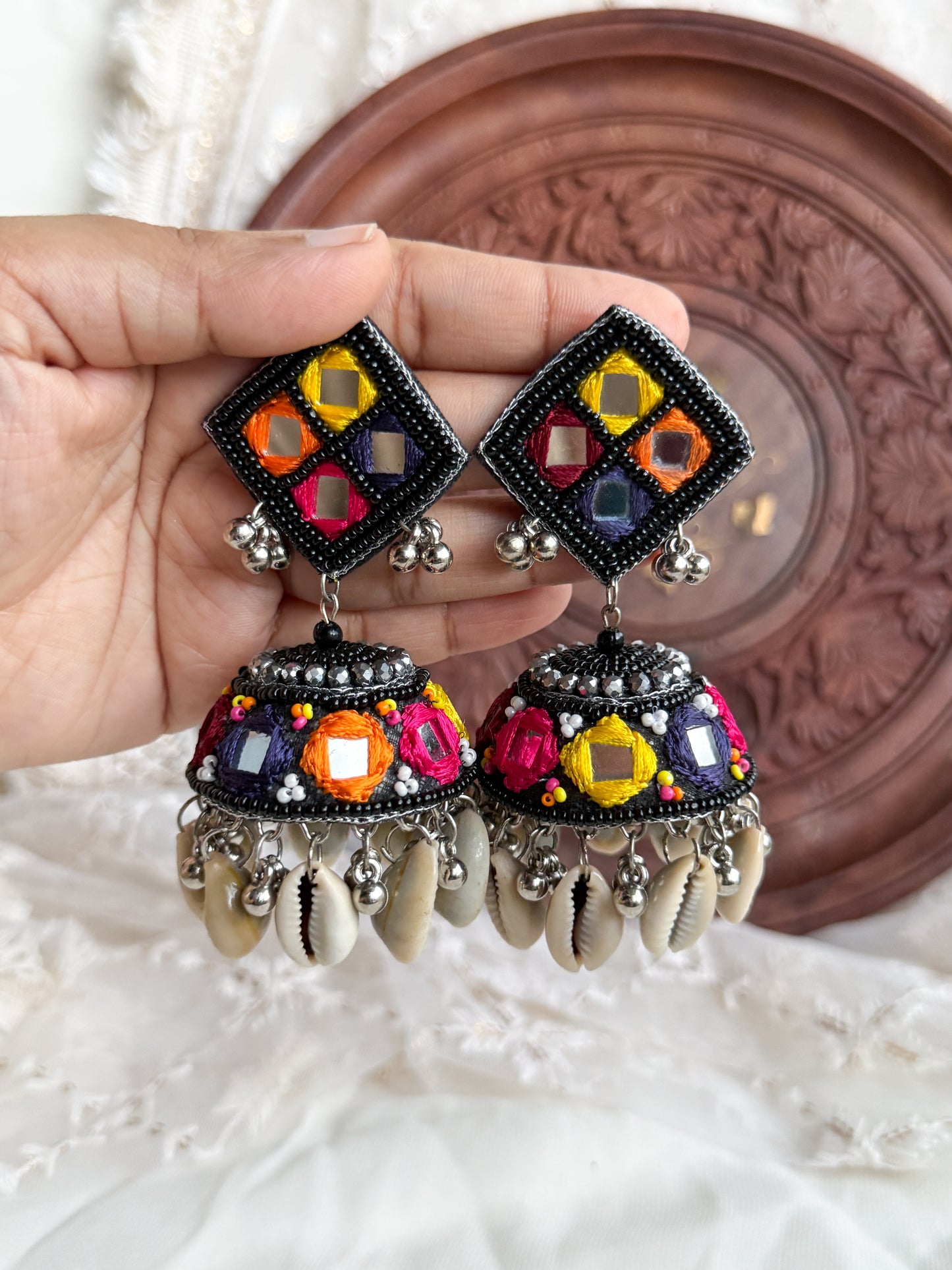 Navrang Mirror Handmade Beaded Jhumka Earrings