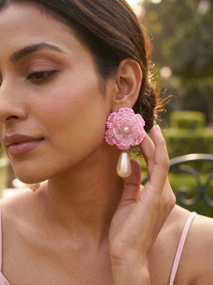 Crochet Blush Pink 3D Rose Pearl Drops Flower Handmade Beaded Earrings