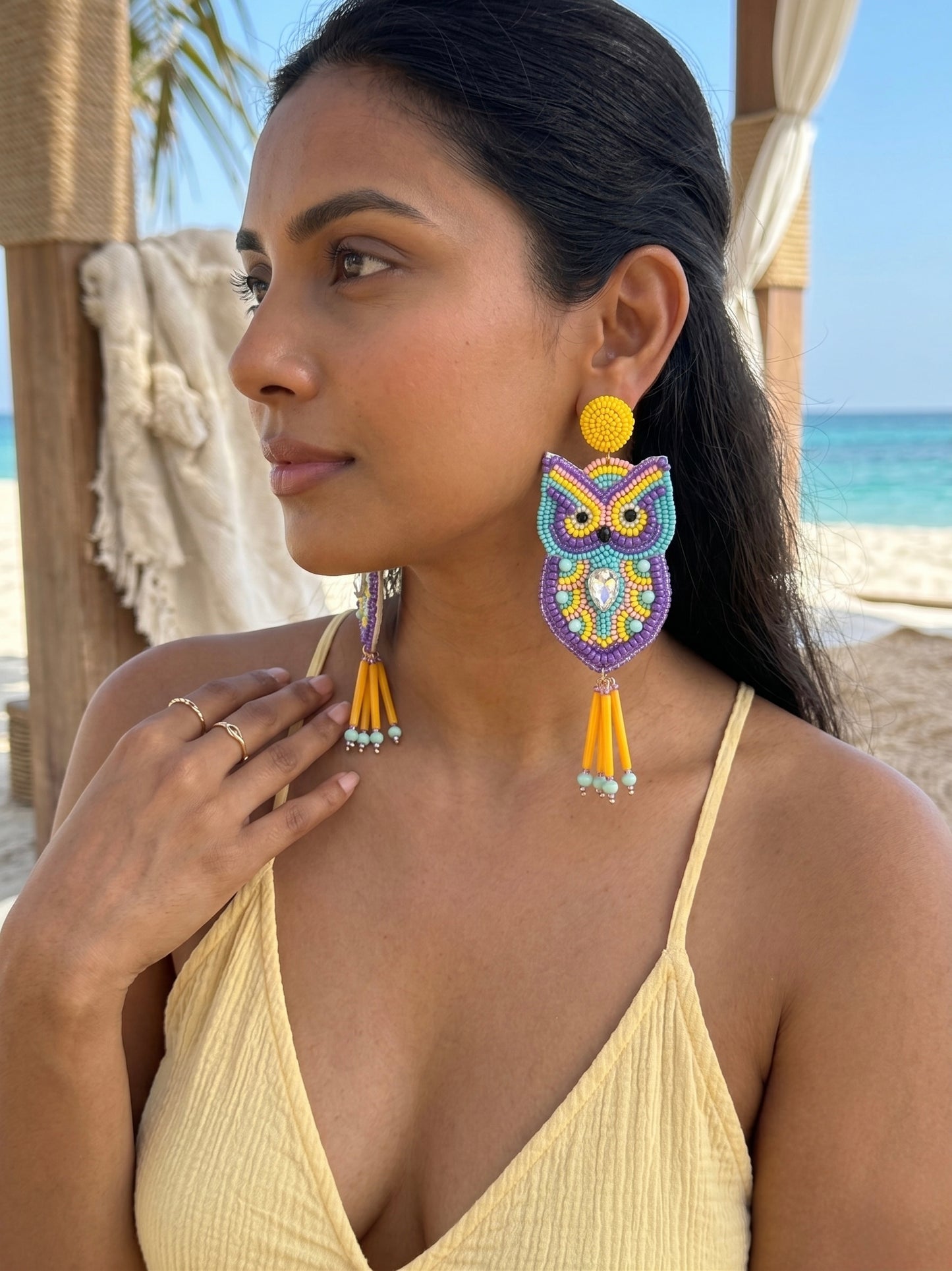 Chirpy Owl Yellow Handmade Beaded Bird Earrings