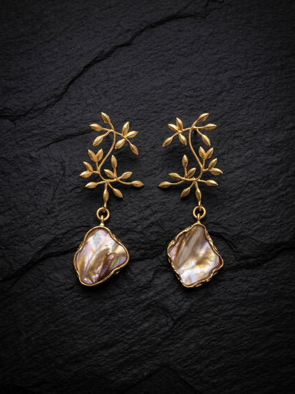 Golden Fern Mother of Pearl Handmade Brass Earrings