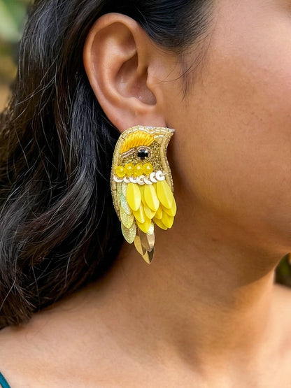 Chirpy Sunny Yellow Parrot Handmade Beaded Bird Earrings