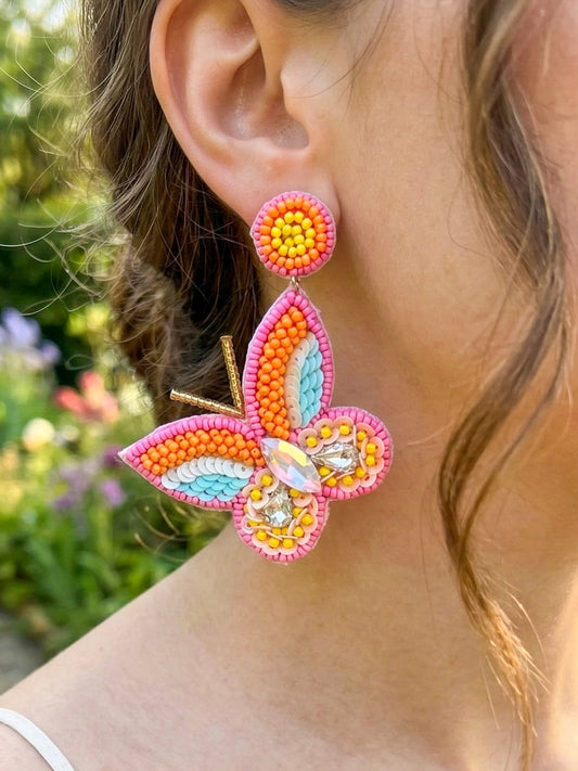 Sun-Kissed Pink Handmade Beaded Butterfly Earrings