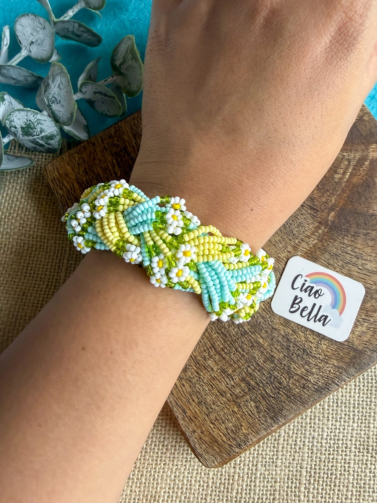 Luxe Flora Light Blue Yellow Handmade Beaded Bracelet