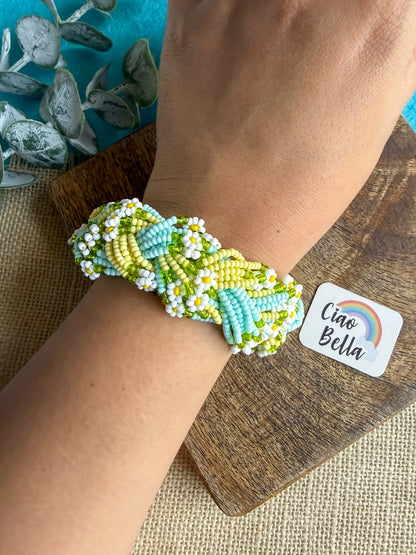 Luxe Flora Light Blue Yellow Handmade Beaded Bracelet