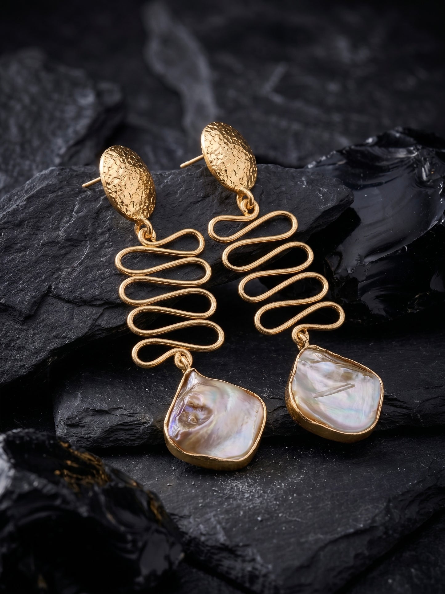 Wavy Mother of Pearl Drop Handmade Brass Earrings