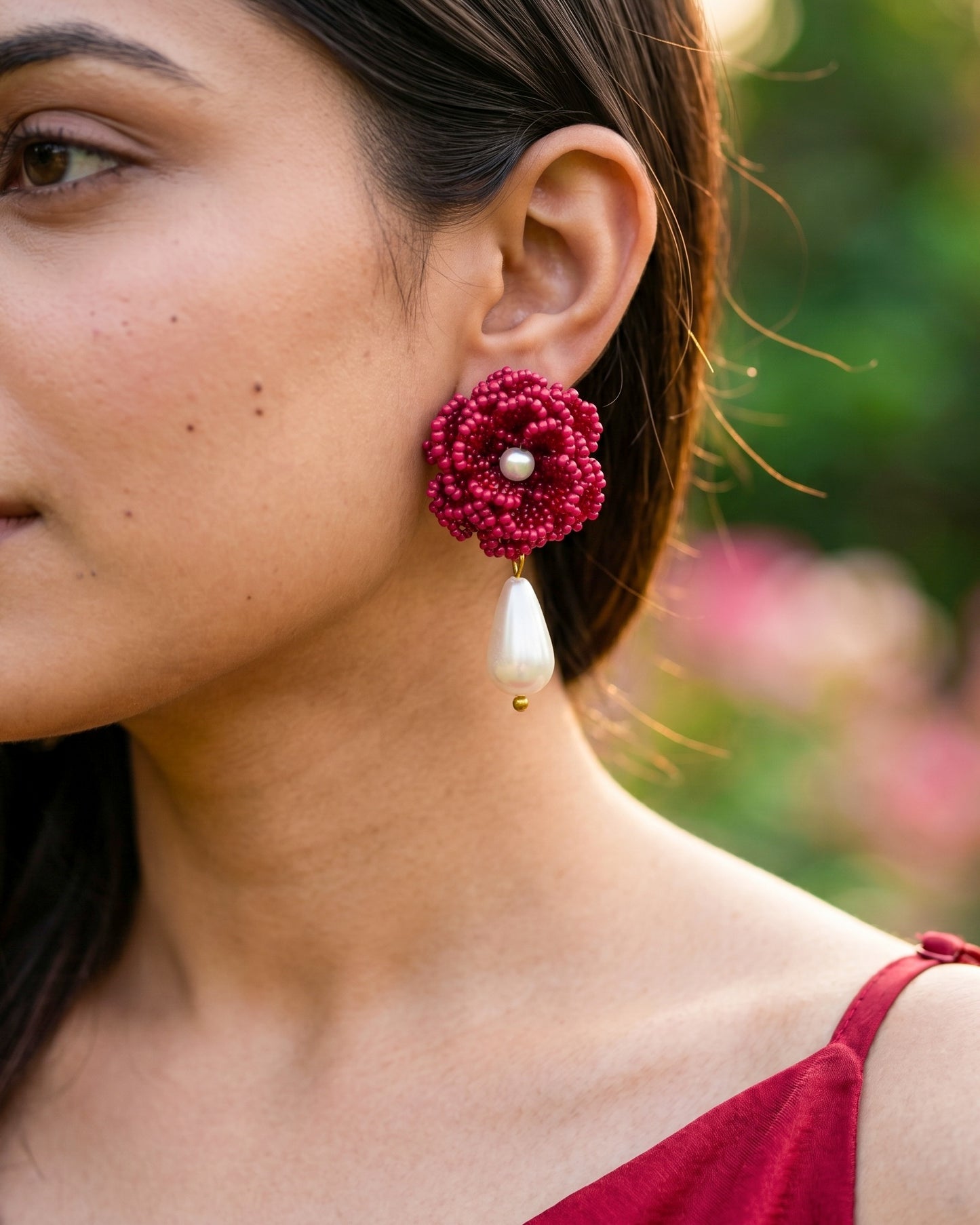 Crochet Deep Red 3D Rose Pearl Drops Flower Handmade Beaded Earrings