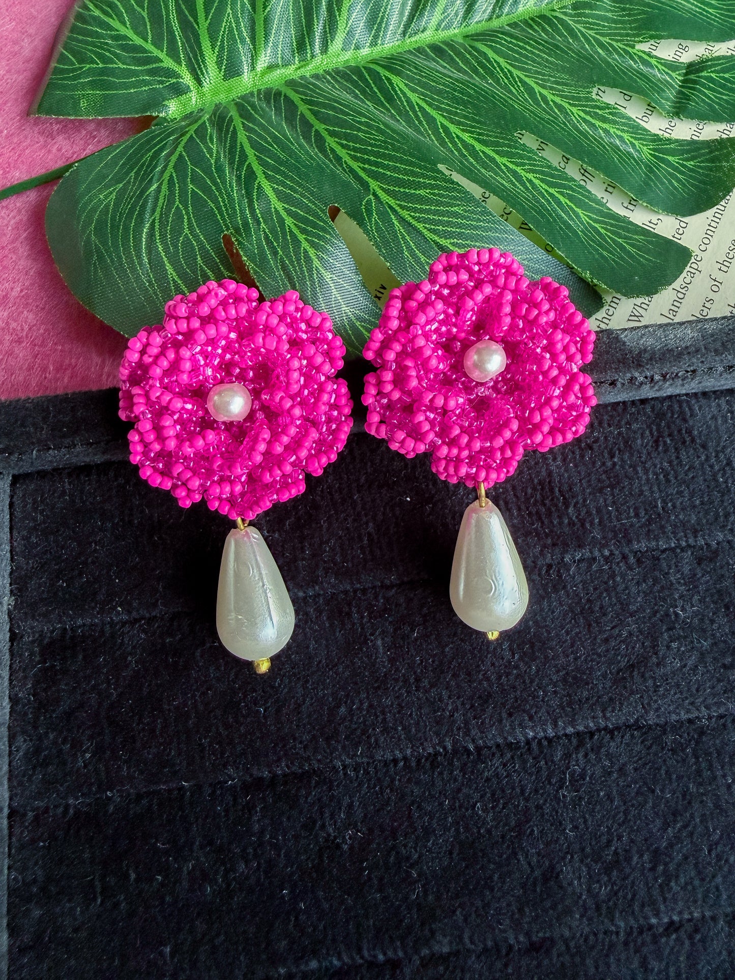 Crochet Pink 3D Rose Pearl Drops Flower Handmade Beaded Earrings