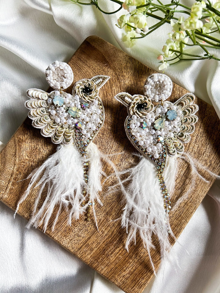 Glamorous Ivory Birdies Handmade Beaded Bird Earrings