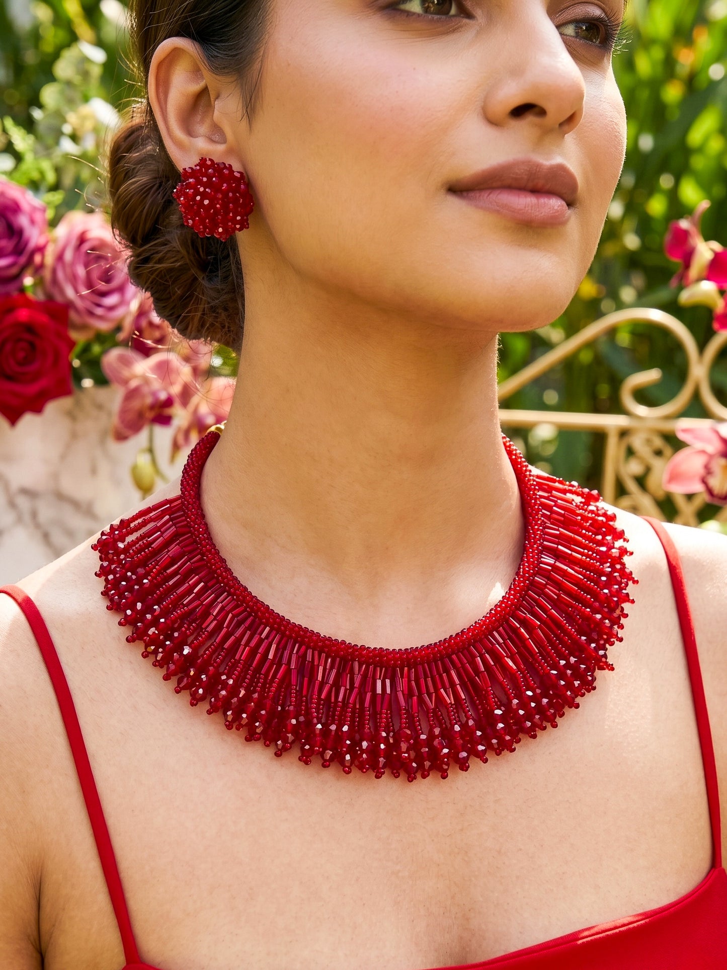 Velvet Rouge Tassel Deep Red Handmade Beaded Necklace + Earrings Set