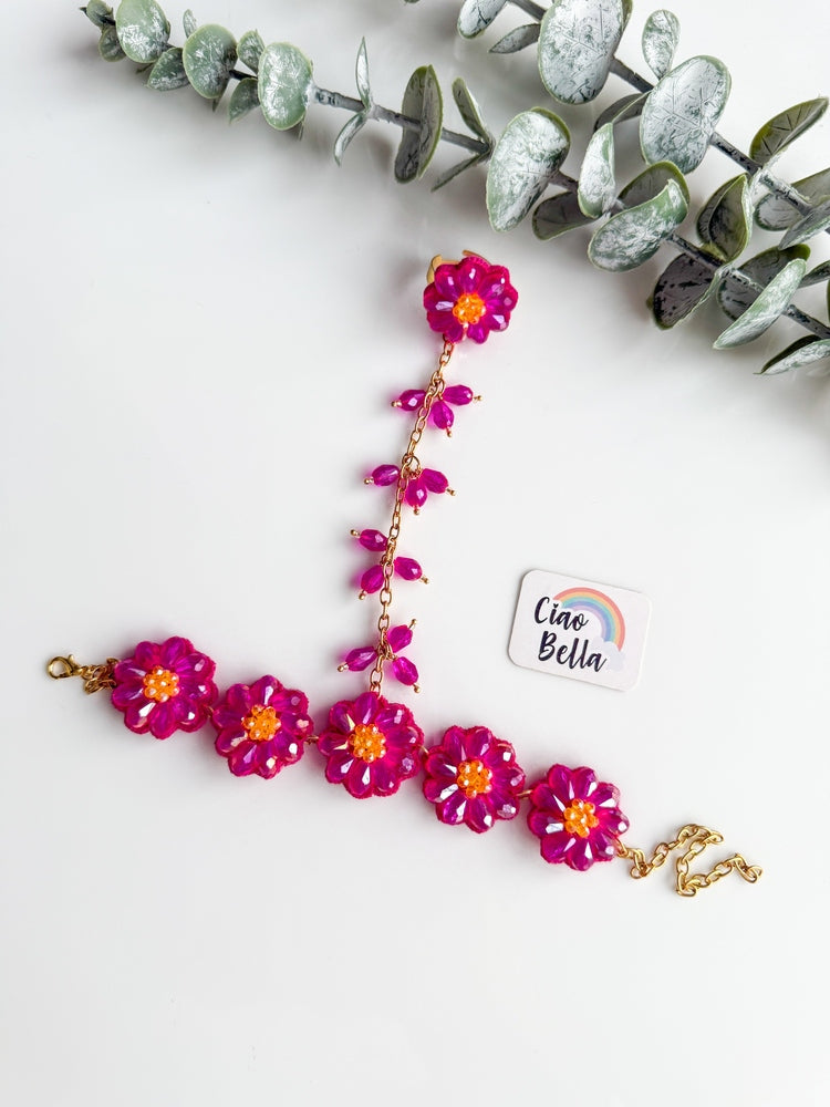 Sparkling Hot Pink Daisy Handmade Beaded Hathphool (Single Hand)