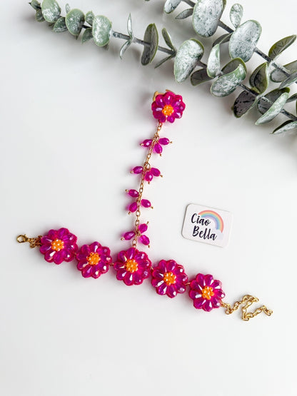 Sparkling Hot Pink Daisy Handmade Beaded Hathphool (Single Hand)