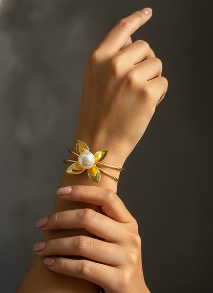Pearl Flower Handmade Brass Cuff Bracelet