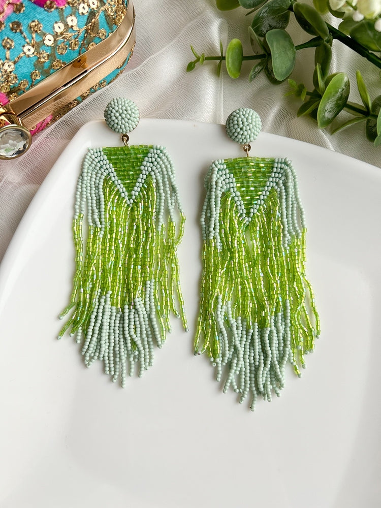 Luxe Minty Green Handmade Beaded Tassel Earrings