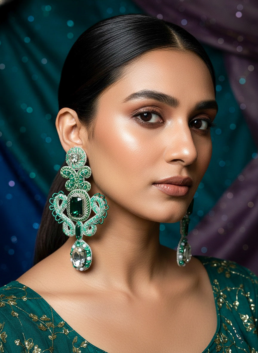Aashna Silver Green Handmade Beaded Statement Earrings