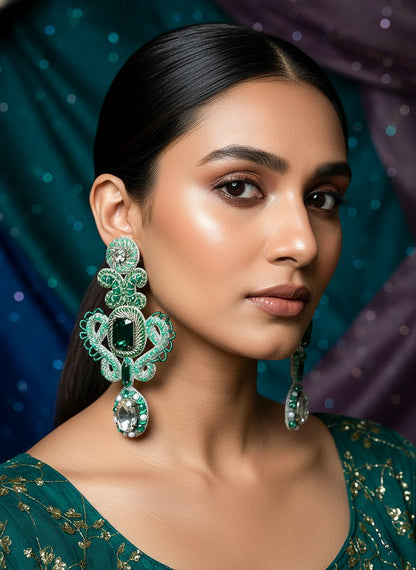 Aashna Silver Green Handmade Beaded Statement Earrings