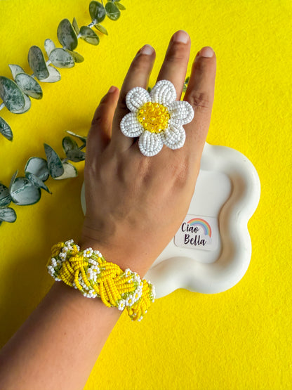 Luxe Flora Yellow Handmade Beaded Bracelet + Ring Combo