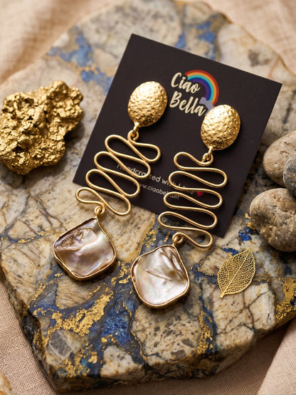Wavy Mother of Pearl Drop Handmade Brass Earrings