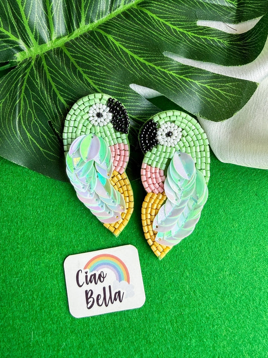 Green Parrot Handmade Beaded Bird Earrings