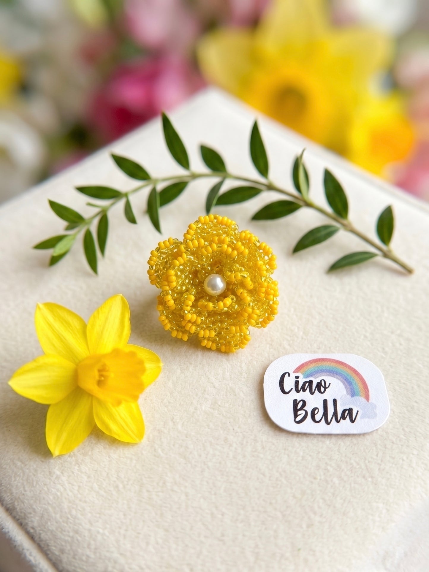 Crochet Yellow 3D Rose Flower Handmade Beaded Ring