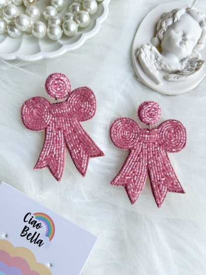 Blush Pink Bow Handmade Beaded Earrings