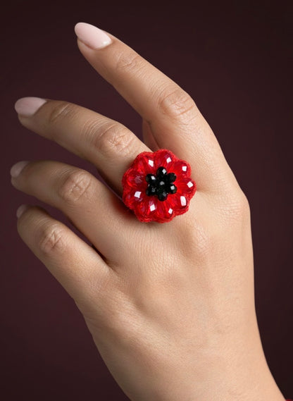 Daisy Dream Red Handmade Beaded Flower Ring