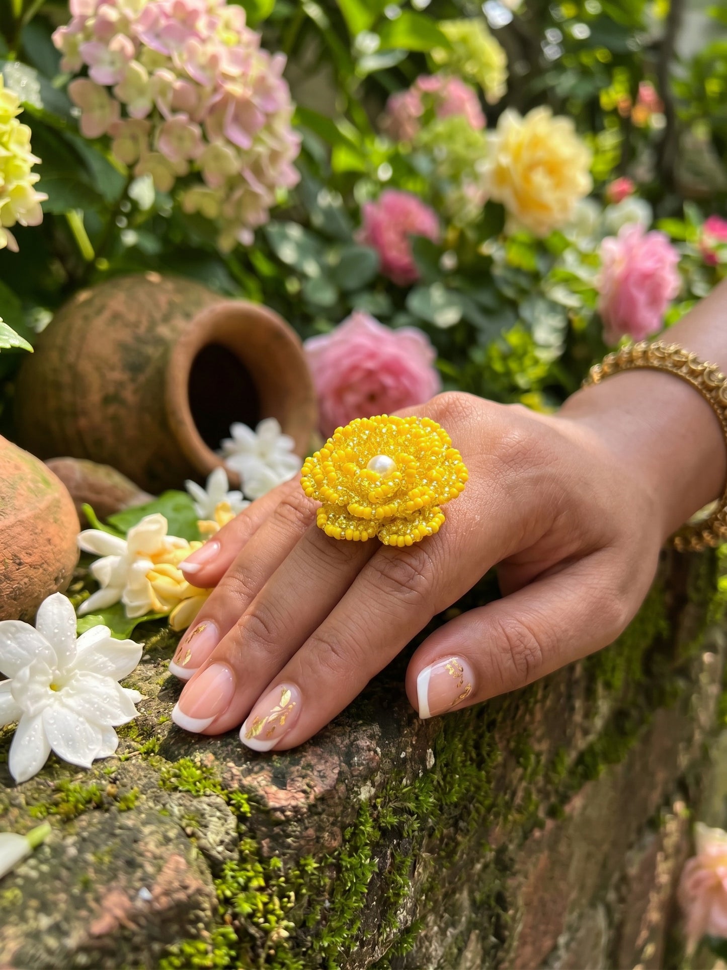 Crochet Yellow 3D Rose Flower Handmade Beaded Ring