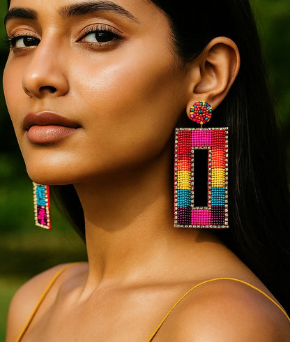 Vibrant Rainbow Drop Handmade Beaded Earrings
