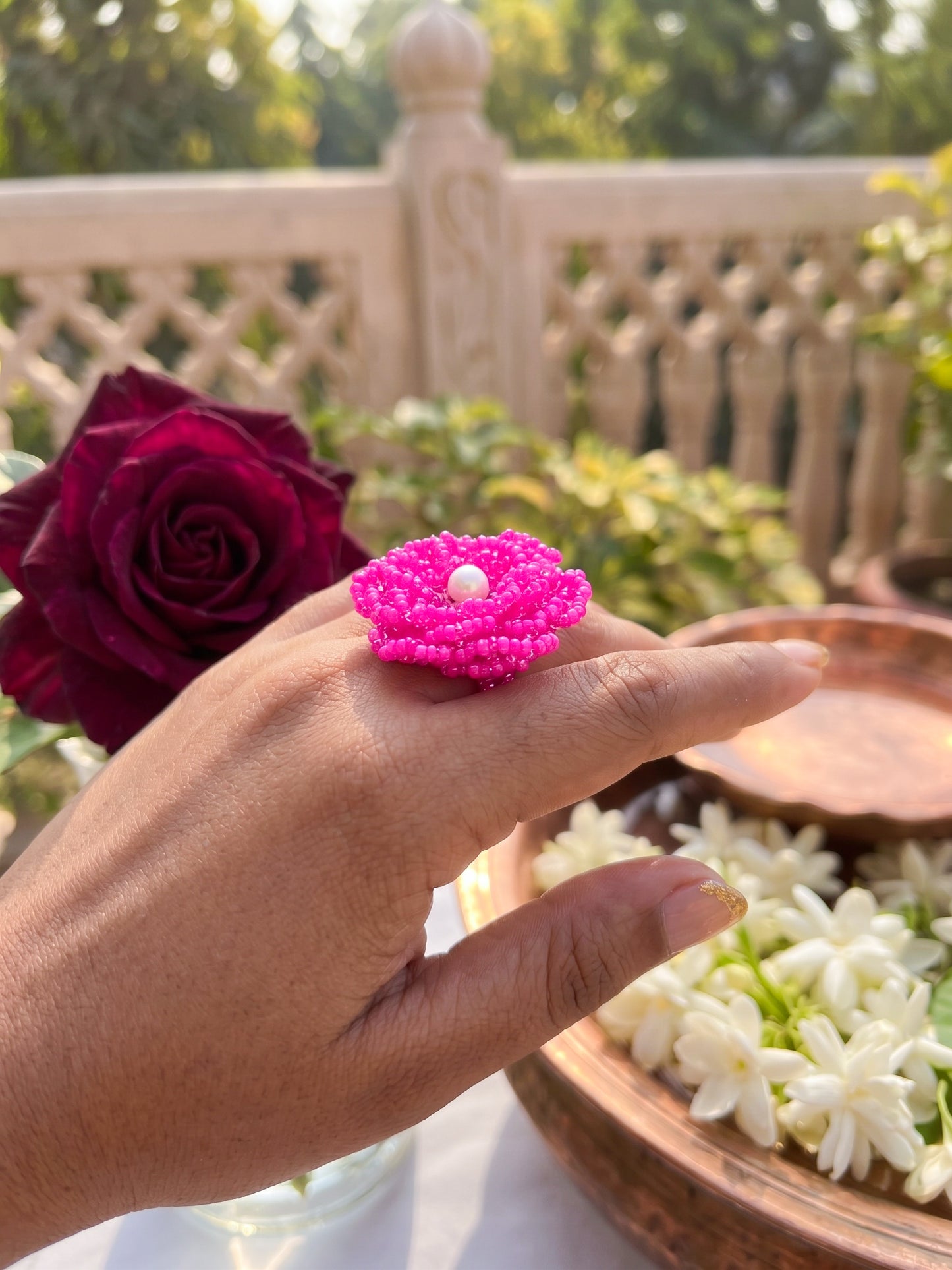Crochet Pink 3D Rose Flower Handmade Beaded Ring