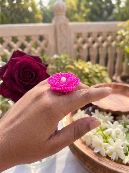 Crochet Pink 3D Rose Flower Handmade Beaded Ring