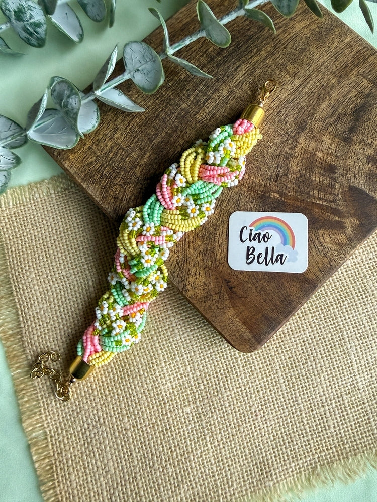 Luxe Flora Green Pink Yellow Handmade Beaded Bracelet