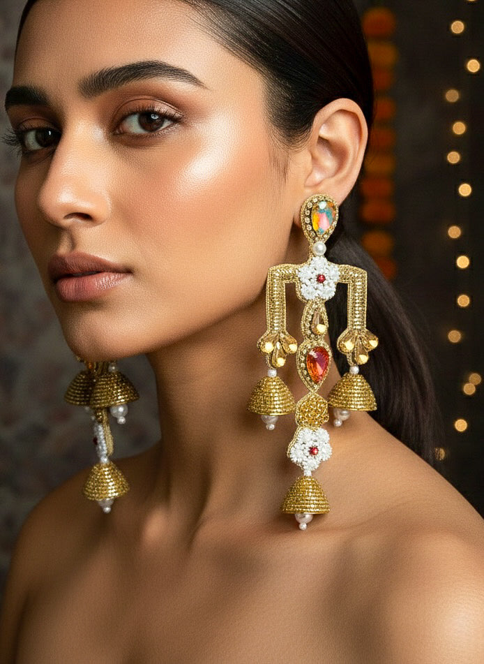 Rajwada Green Red Danglers Handmade Beaded Statement Earrings