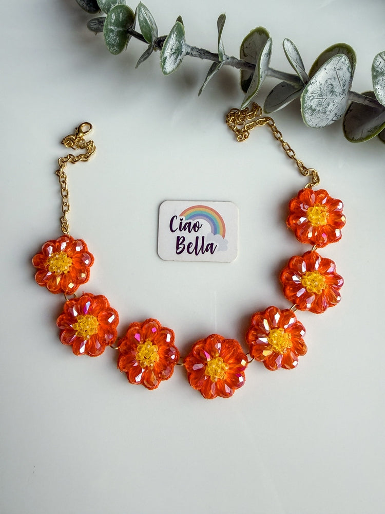 Sparkling Orange Daisy Handmade Beaded Necklace + Earrings Set